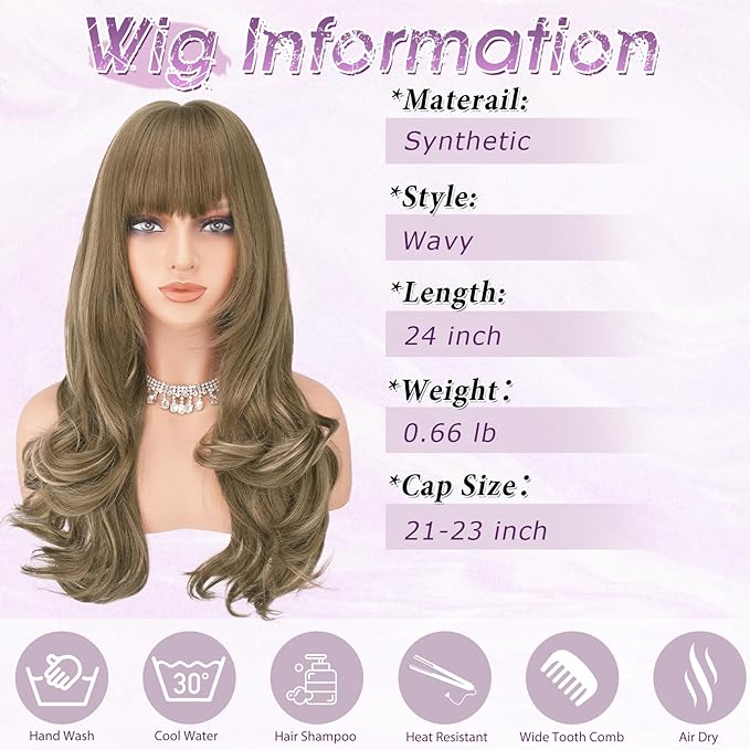 Haloo Brown Blonde Wigs with Bangs Long Wavy Layered Haircut Natural Looking Fluffy Synthetic Heat Resistant Hair Wig for Women Daily Party, 24 Inch Brown Mixed Blonde