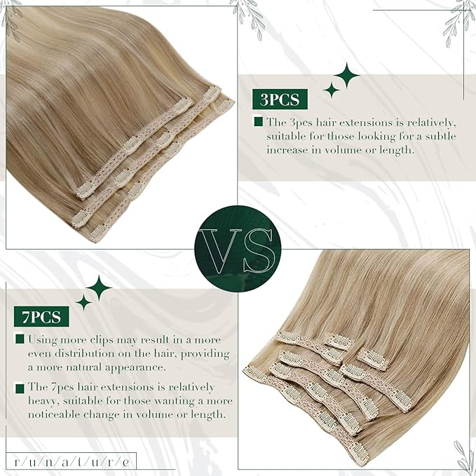RUANTURE Clip in Human Hair Extensions, Blonde Highlight Real Human Hair Clip in Extensions, Remy Natural Hair Soft Add Hair Volume, 14 Inch 50g 3pcs #16/22 Beige Blonde