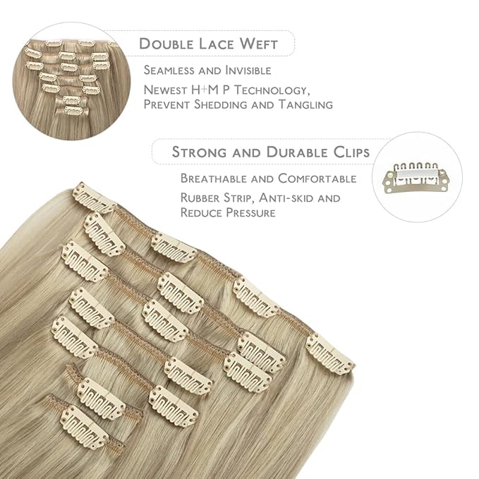 WENNALIFE Hair Extensions Clip In, 24 Inch 120g 7pcs Clip in Hair Extensions Real Human Hair Ombre Ash Blonde to Golden Blonde Balayage Platinum Blonde Clip In Real Hair Extensions