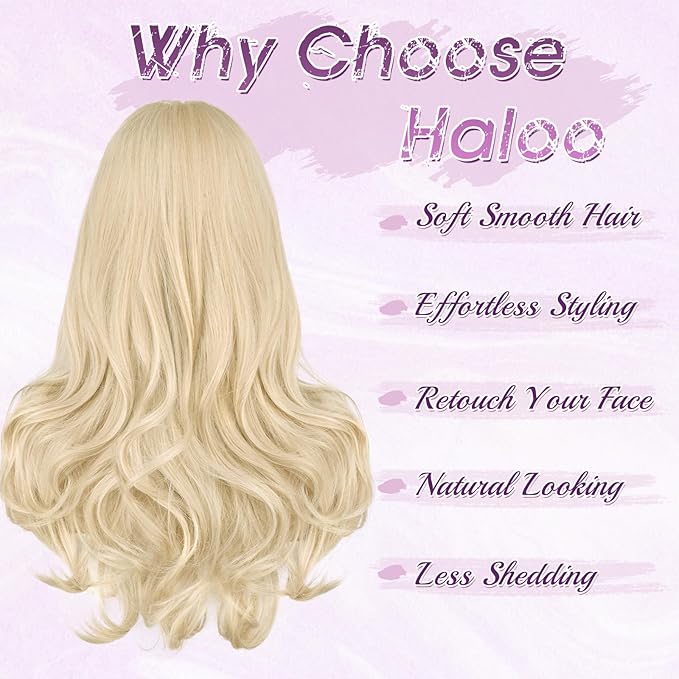 Haloo Blonde Wigs with Bangs Long Wavy Layered Haircut Natural Looking Fluffy Synthetic Heat Resistant Hair Wig for Women Daily Party, 24 Inch