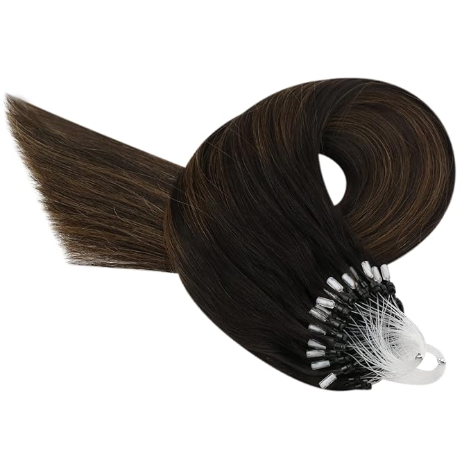 YoungSee Micro Bead Hair Extensions Real Human Hair Brown Micro Loop Hair Extensions Human Hair Dark Brown Balayage Bead Hair Extension 22 Inch Ombre Micro-Link Hair Extension Soft for Wedding 50g 50s