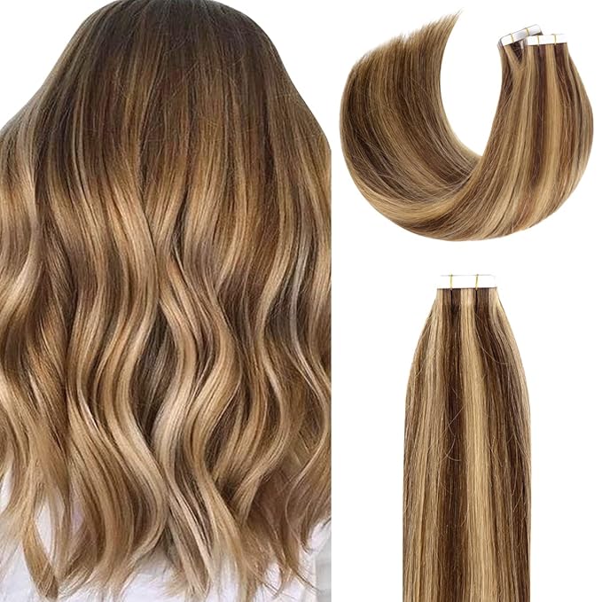 Lacer Remy Human Hair Extensions Tape in Highlight Dark Brown to Golden Brown Tape in Human Hair Extensions PU Skin Weft 100% Real Virgin Invisible Hair Double Side 50g 20pcs/set 18 Inch