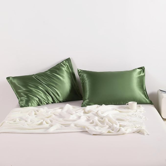 NTBAY 2 Pack Satin Queen Pillowcases for Hair and Skin, Luxurious and Silky Pillow Cases with Envelope Closure, 20x30 Inches, Olive Green