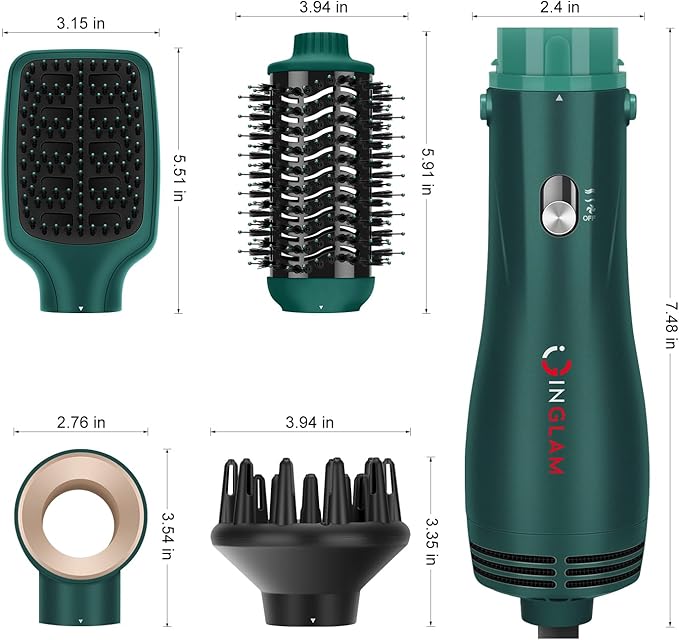 IG INGLAM Hair Dryer Brush, 4-in-1 Detachable Blow Dryer Brush, Ionic Diffuser Hair Dryer & Styler Volumizer with Oval Titanium Barrel, One-Step Hot Air Blowout Styler, Dark Green