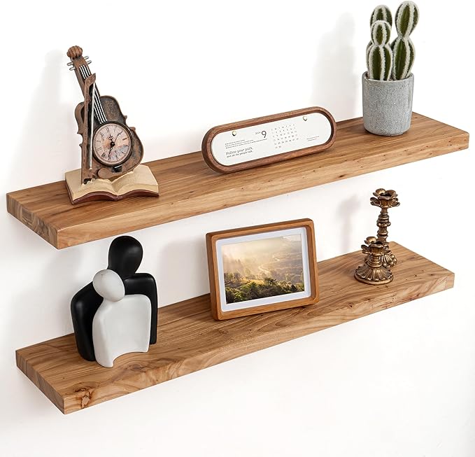 Floating Shelves for Wall Decor, 8" Deep Rustic Solid Elm Wood Floating Shelves Wall Mounted, Wall Shelves with Invisible Bracket for Living Room Bathroom Bedroom Kitchen, 36 Inch Set of 2, Natural