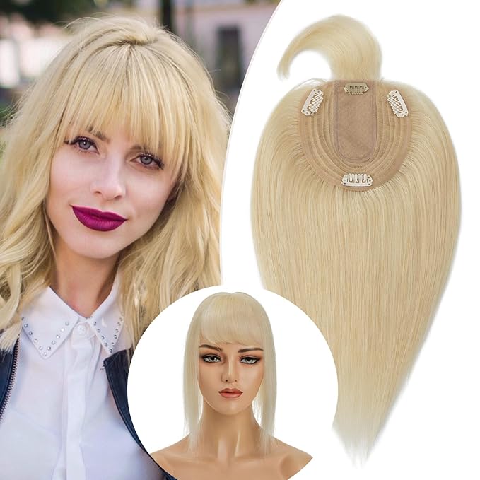 Rich Choices Real Human Hair Topper With Bang for Women - 100% Remy Hair for Thinning Hair, Clip in Silk Base, 12 Inch #613 Bleach Blonde