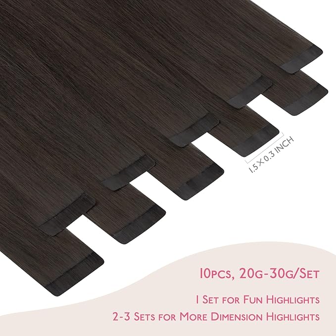 WENNALIFE Tape in Hair Extensions Human Hair Dark Brown Tape in Extensions, 10pcs 20g 10 inch Remy Invisible Tape Ins Straight Colored Soft Real Human Hair Tape in Extensions Refill Set Extensions