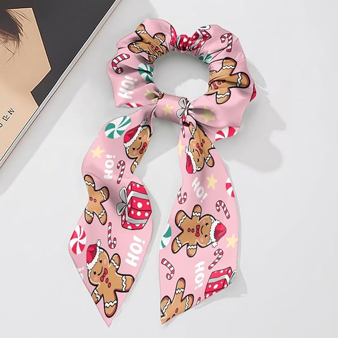 Xmas Candy Cane Pack Of 2 Knotted Bow Hair Scrunchies Gingerbread Man Ponytail Holder Ladies Pink Ribbon Scrunchy Accessory for Christmas