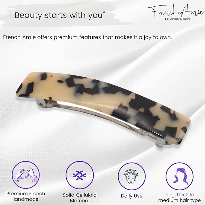 French Amie Oblong Handmade 3.5" Celluloid Automatic Hair Clip Barrette French Hair Clip for Girls Strong Hold Hair Clips for Women No Slip Durable Paris Hair Accessories, Made in France (White Tokyo)