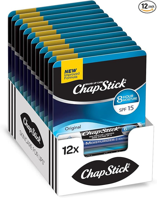ChapStick Moisturizer Original Lip Balm Tubes, SPF 15 and Skin Protectant - 0.15 Oz (Pack of 12)