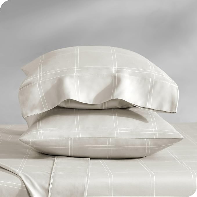 Bare Home Microfiber Pillow Cases - Standard/Queen Size Set of 2 - Cooling Pillowcases - Double Brushed - Pillowcases 2 Pack - Easy Care (Standard, Modern Plaid – Stone/White)