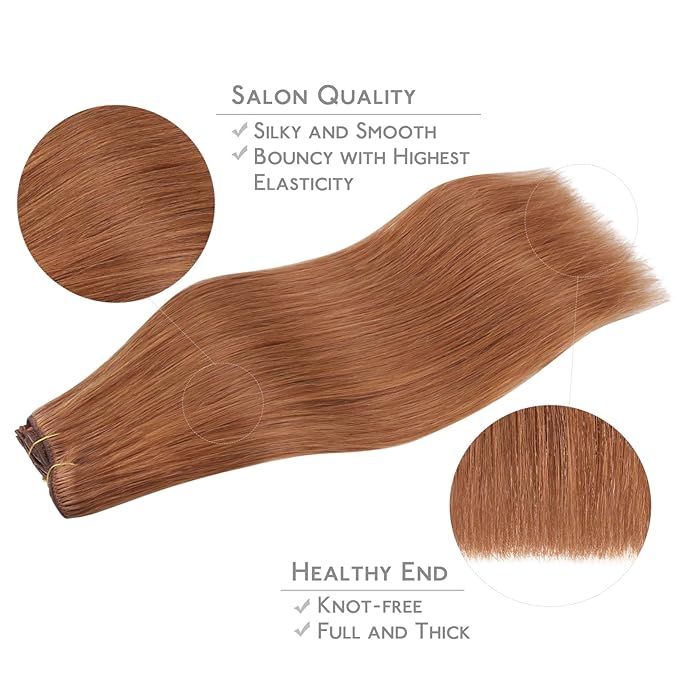 WENNALIFE Clip in Hair Extensions Real Human Hair, 14 Inch 120g 7pcs Cinnamon Terra Copper Remy Hair Natural Double Weft