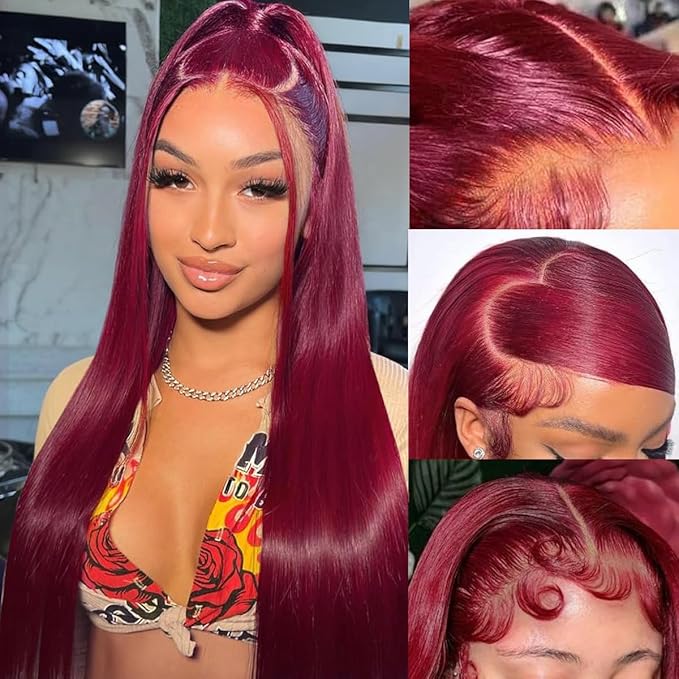 99J Burgundy Lace Front Wigs Human Hair 200 Density Straight 13x6 HD Transparent Lace Frontal Wigs Human Hair Pre Plucked Glueless Red Color Human Hair Lace Front Wigs for Women 30 Inch