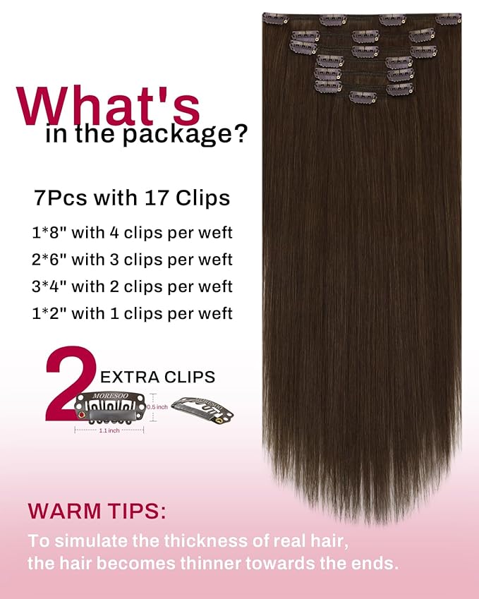Moresoo Human Hair Clip in Extensions Medium Brown Hair Extensions Clip ins Real Human Hair Brown Long Double Weft for Women Straight 120g/7pcs 16in