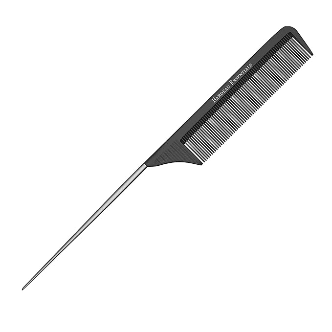 Professional 8.8 Inch Tail Comb - Black Carbon Fiber And Stainless Steel Pintail - Anti Static And Heat Resistant Teasing Lightweight Comb For All Hair Types