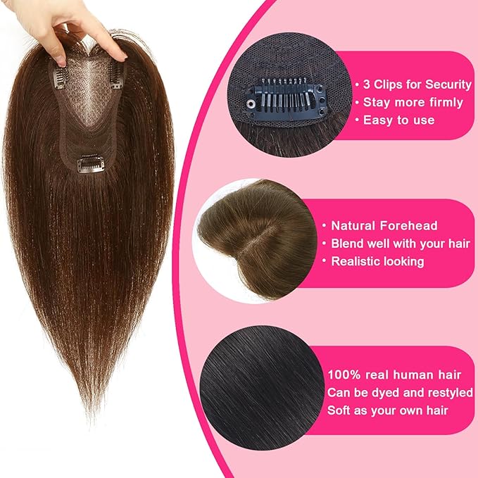 Hair Toppers for Women Real Human Hair Topper Upgrade Swiss Lace Middle Part Clip in Bangs Remy Human Hair Straight Hairpieces for Thinning Realistic Scalp 360° Cover Gray Hairy Roots Honey Brown
