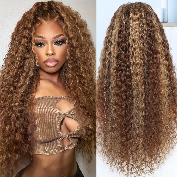 360 Deep Wave Lace Front Wigs Human Hair 220% Density Honey Blonde Deep Curly Human Hair wig Ombre Deep Wave 4/27 Highlight Lace Front Wigs Pre Plucked Wet And Wavy Water Wave Wig for Women 28 Inch
