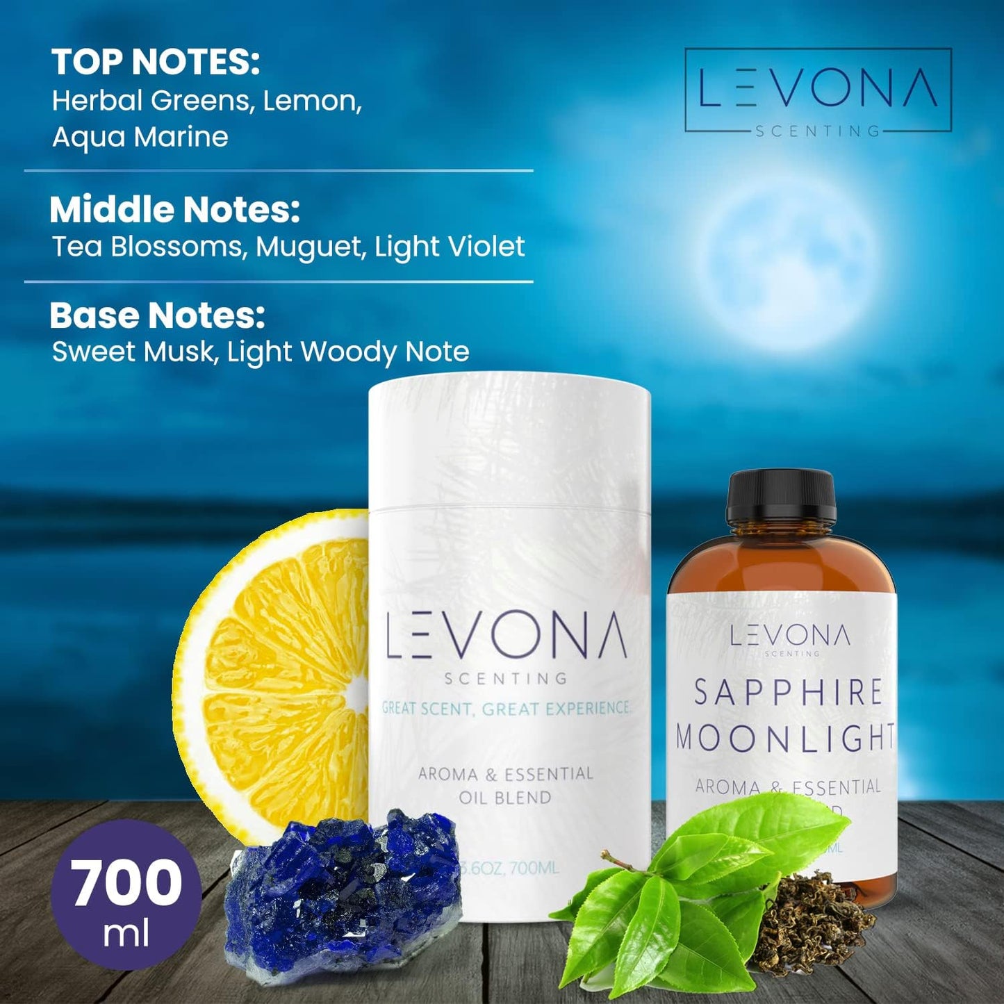 LEVONA Scent 100% Pure Essential Oils for Diffusers and Humidifier, 700ml Aromatherapy Scented Oils Perfect for Sleep, Relaxation and Stress Relief, Made in USA (Sapphire-Moonlight, 700ml)