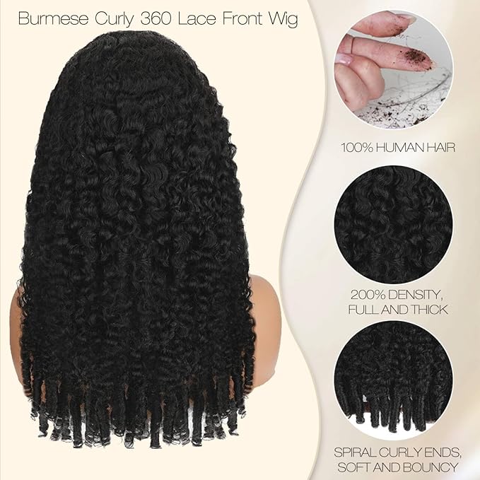 Burmese Curly Human Hair Wig with Spiral End 200% Density 360 Full HD Lace Front Wigs Human Hair Water Wave Wigs for Women 16Inch Pre Plucked with Baby Hair Tiny Knots Natural Black