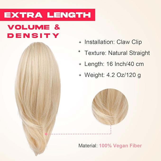 Ponytail Extension – 16” Claw Clip in Ponytail Hair Extensions Natural Soft Synthetic High Pony Tail Hairpieces for Women (Light Blonde, 16inch)