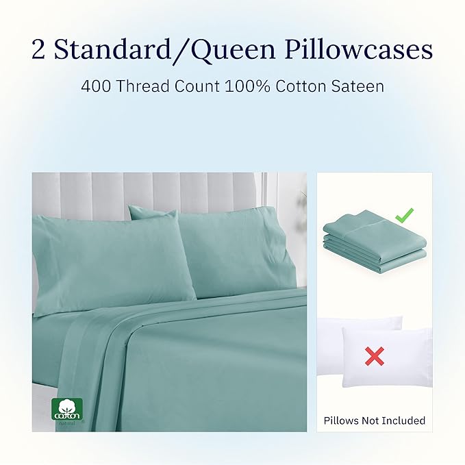 California Design Den Standard Queen Size Pillowcase Set - 400 Thread Count, 100% Cotton Sateen, Set of 2 Pillow Covers, Soft and Breathable - Teal