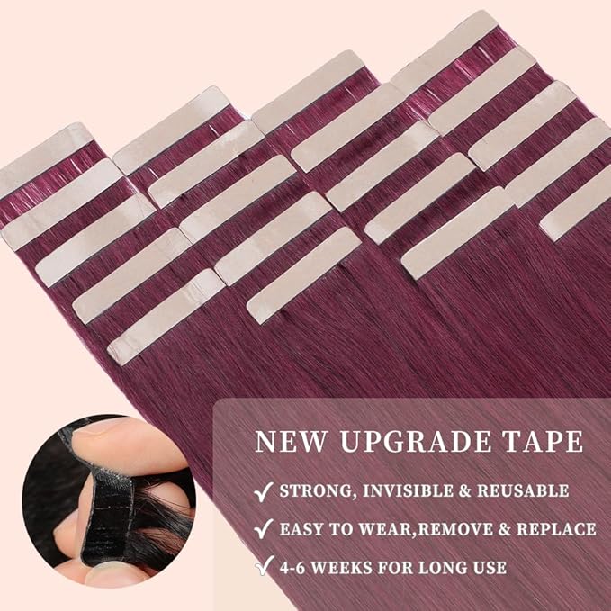 Human Hair Tape in Extensions, Burgundy Extensions Real Human Hair 20 Inch 20pcs Remy Straight Tape ins Invisible Tape in Hair Extensions Human Hair (99J#,20 Inch)