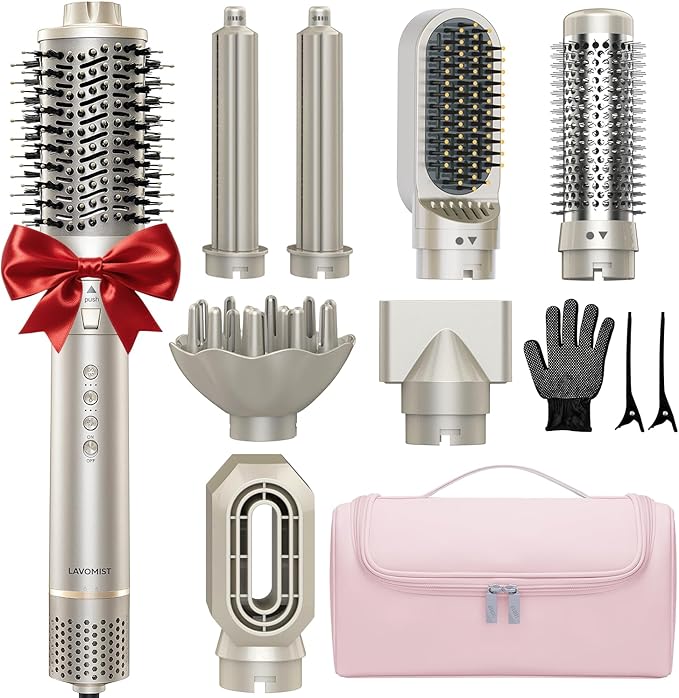 8-in-1 Dual Voltage Hot Air Styler & Hair Dryer Brush with Straightener & Curler Attachments, 110,000 RPM Ionic Fast Drying for Frizz-Free Styling, Includes Travel Bag