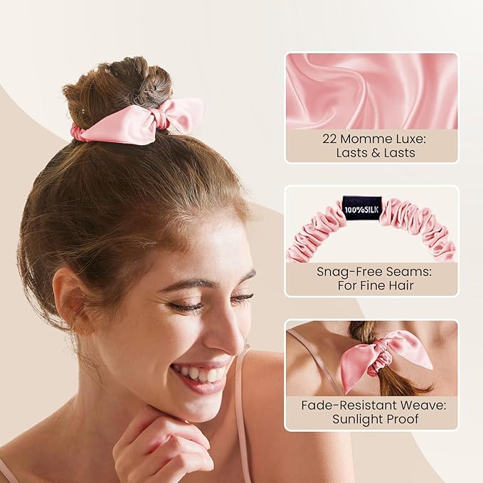 THXSILK 100% Mulberry Silk Bow Scrunchies 3-Pack, 22 Momme Mulberry Silk Hair Ties for Women, Cute Bunny Ear No Damage Ponytail Holders, Fashion Hair Accessories for Girls(S, Charming Pink)