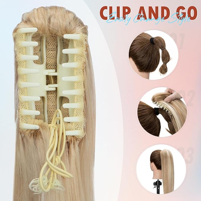Hairro Claw Clip In Ponytails 100% Real Human Hair Ponytail Hair Extensions Jaw On Ponytail Extensions Jaw/Claw Clips Pony Tail Hairpieces For Women 14 Inch 105g #613 Light Blonde