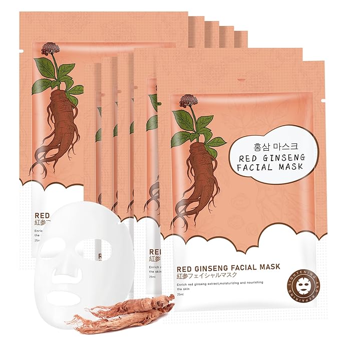 10Pack Sheet Face Masks Skincare for All Skin Types, Moisturizing Hydrating Face Masks Suitable for Sensitive Skin, Red Ginseng Face Masks for Wrinkles, Fine-Lines, Firmness and Elasticity