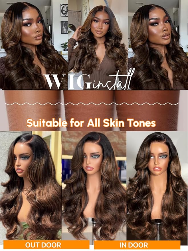 Julia Hair Bye Bye Knots Glueless Wig Highlight Balayage Brown Body Wave 7x5 Pre Cut HD Lace Front Wigs Human Hair Pre Plucked Bleached Knots Pre Everything Ready To Go Ombre Wig 18 Inch