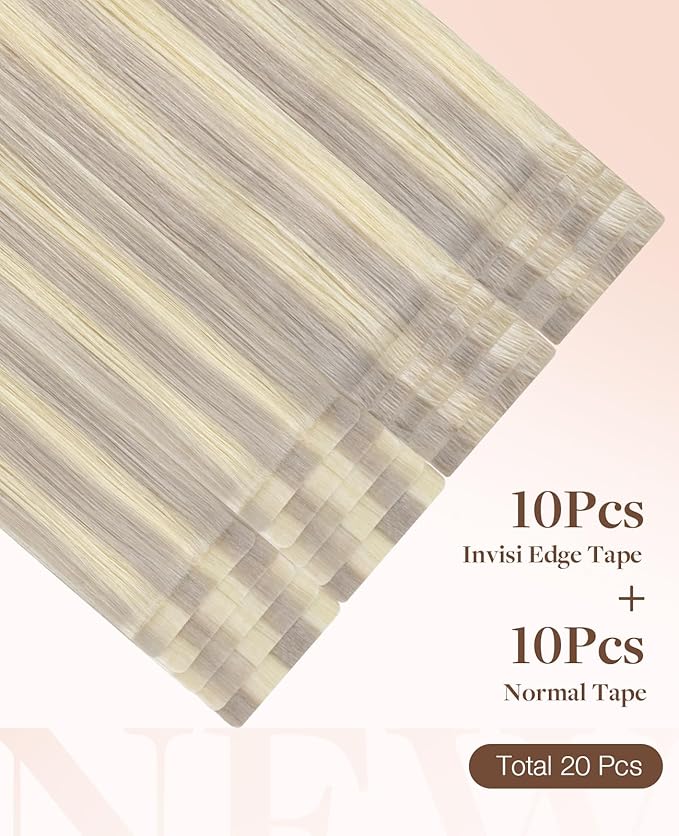 GOO GOO Invisi Edge Tape in Hair Extensions Human Hair, 17/22/60 Balayage Ash Blonde to Golden Blonde and Platinum Blonde 10pcs injected with 10pcs classical tape ins, 18inch 50g, Virgin Remy Hair