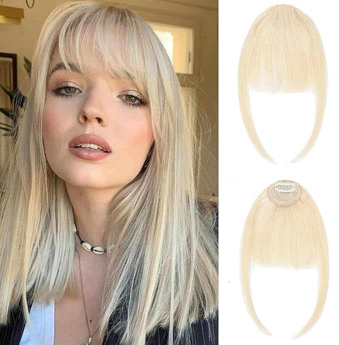 ORIGEN Clip in Bangs Real Human Hair Clip on Wispy Bangs Fringe with Temples Hairpieces Fake Front Bangs Extensions for Women Ice Blonde Color