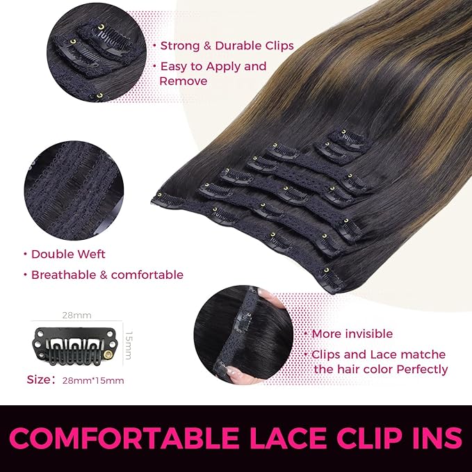 Lashey Clip in Hair Extensions Real Human Hair 7pcs 120g Straight Natural Black Mixed Chestnut Brown Hair Extensions Clip ins for Black Women 22 Inch