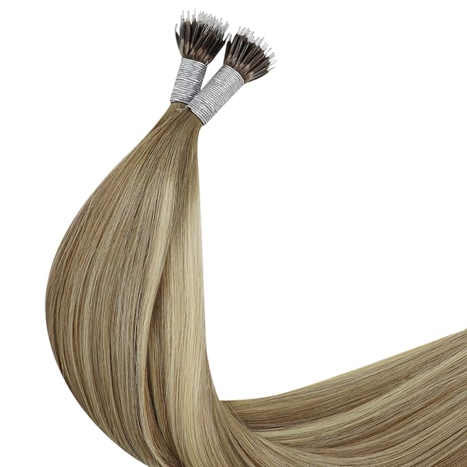 YoungSee Nano Extensions Human Hair Brown Nano Bead Hair Extensions Human Hair Light Brown with Platinum Blonde Ombre Nano-Ring Human Hair Extension Cold Fusion 16inch 50g/s for Graduations