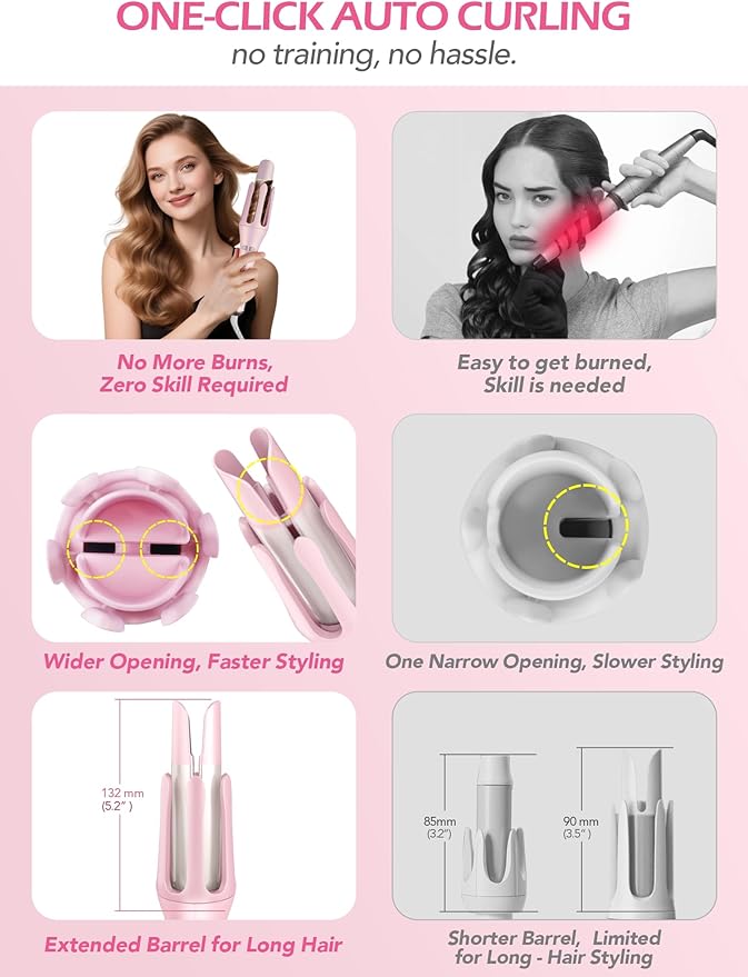 Automatic Curling Iron, HC04 Long Barrel 1.5 inch Rotating Curling Iron Wand for Womens Long Hair, Ceramic Hair Curlers with 2-Way Opening, Dual Voltage, 600M Ions for Bouncy Waves