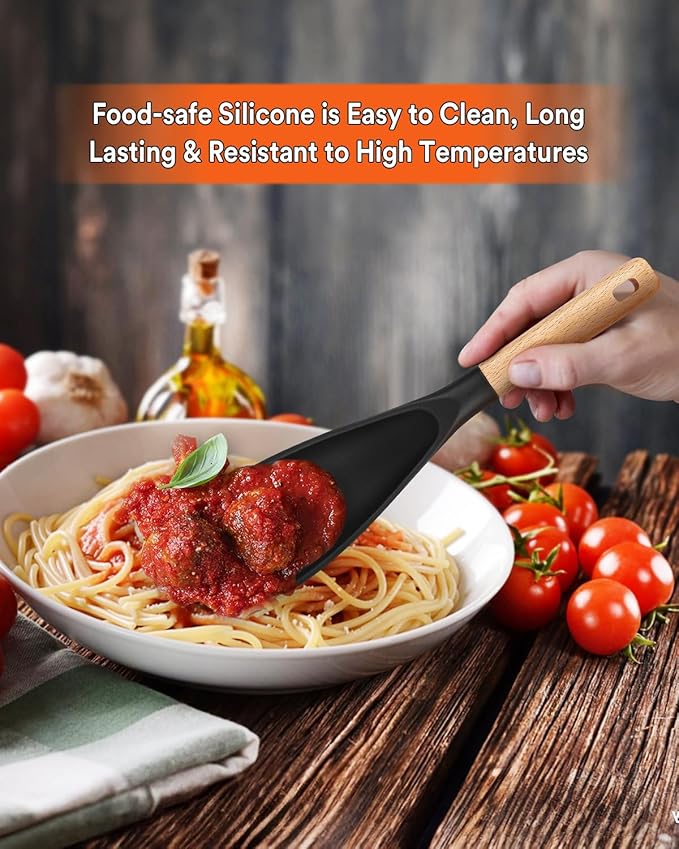 Cooking Spoon for Nonstick Cookwares, Great for Cooking and Serving Sturdy BPA-Free Matte Silicone, Wood Handle Spoon for Mixing, Scoop, and Scrape (Black & Grey, 11.4 inch)