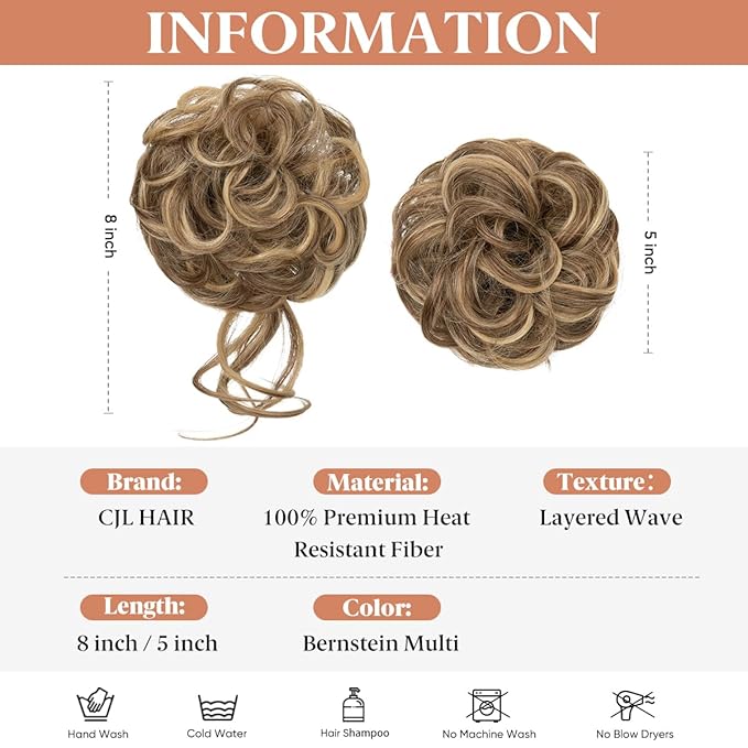 CJL HAIR 2PCS Messy Bun Hair Pieces Wavy Curly Synthetic Updo Chignon Fake Scrunchies Ponytail Extension for Women Bernstein Multi