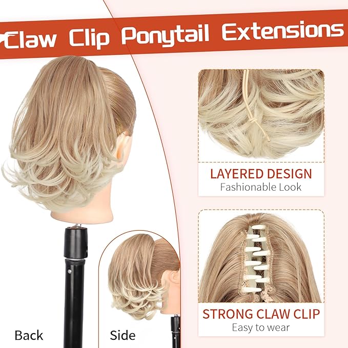 KooKaStyle Ponytail Extension, 10" Short Claw Clip in Pony Tails Hair Extensions Curly Wavy Synthetic Drawstring Hairpieces for Women(Honey Blonde and Dark Blonde Tips)