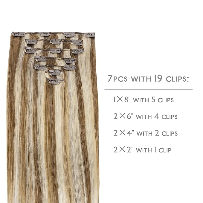 WENNALIFE Clip in Hair Extensions Real Human Hair, 18 Inch 120g 7pcs Ash Brown with Platinum Blonde Highlights Hair Extensions Human Hair Remy Straight Natural Extensiones De Cabello Humano Con