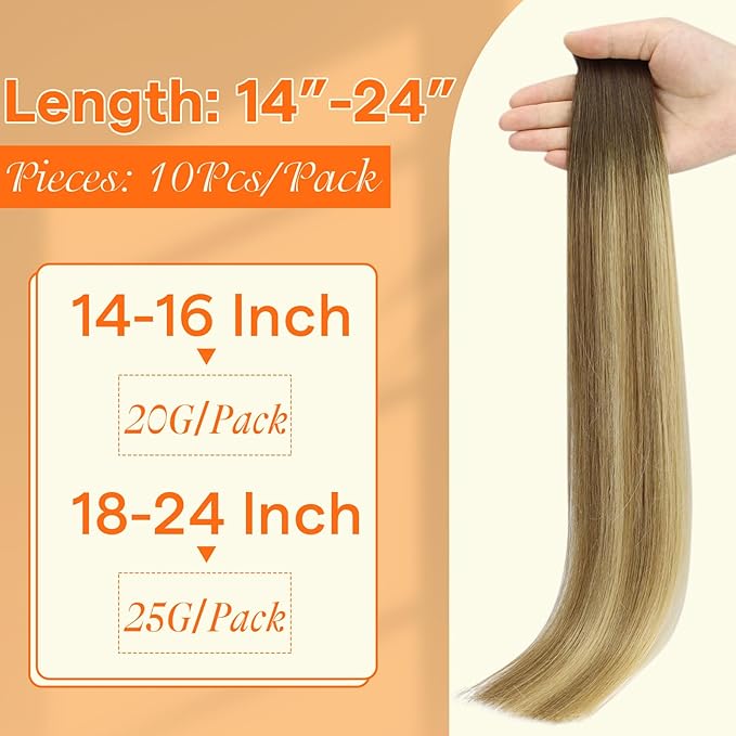Full Shine Invisible Injected Tape in Hair Extensions Human Hair Color 3 Brown Fading to 8 And 22 Blonde Seamless Tape in Extensions 20Gram Machine Virgin Hair Extensions Tape ins 14Inch 10Pcs
