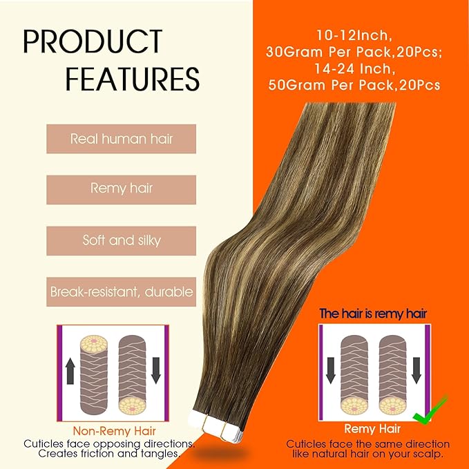 Full Shine Balayage Hair Extensions Tape in 12Inch Tape in Extensions Real Human Hair Color 4 Medium Brown Ombre 24 Honey Blonde Highlight 4 Brown Seamless Skin Weft Tape ins 30Gram 20Pcs