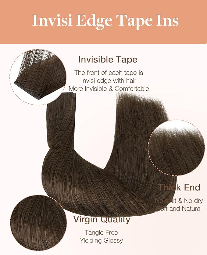 GOO GOO Invisi Edge Tape in Hair Extensions Human Hair, 2A Light Brown 10pcs injected with 10pcs classical tape ins, 24inch 50g, Virgin Remy Hair, Natural Look