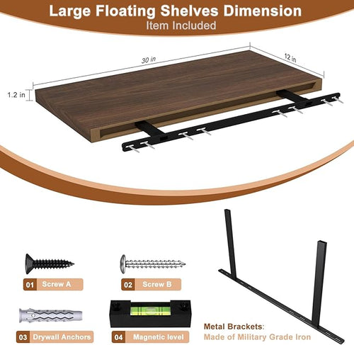 12 Inch Deep Floating Shelves for Wall 3 Pack Floating Shelves Large Storage Space Wall Mount Shelf for Living Room Kitchen Bathroom 30" W x 12" D x 1.2" H Walnut