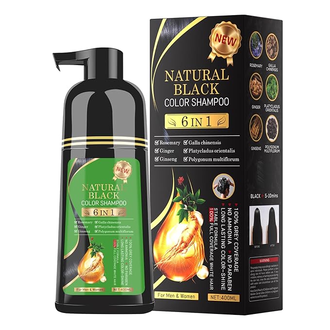 Black Hair Dye Shampoo 6-in-1 Unisex Natural Herbal Formula, Hair Color Shampoo for Women&Man Long-Lasting Color for Grey Coverage Home & Salon (Natuarl Black)