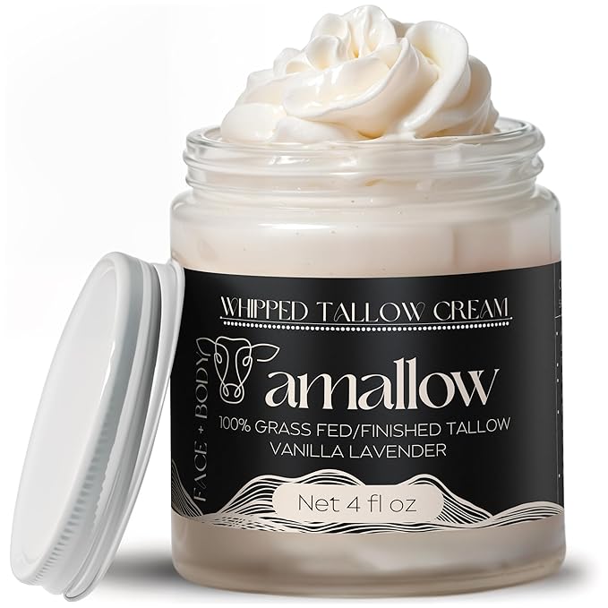 Amallow 100% Grass Fed Beef Tallow for Skin Care - Face + Body - Whipped Moisturizer - Natural Lotion, 4 FL. oz. (Vanilla Lavender)