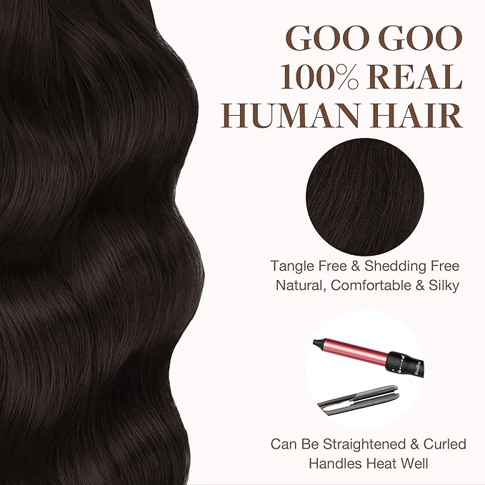 GOO GOO Tape in Hair Extensions Human Hair, 2 Dark Brown, 16inch 25g 10pcs, Skin Weft Seamless Invisible, Silky Straight with Thick Ends, Remy Human Hair