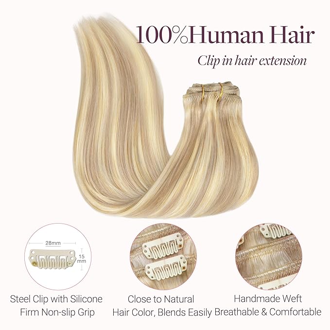 GOO GOO Clip in Hair Extensions Real Human Hair, Remy Human Hair Extensions Clip ins for Women, Natural Human Hair, 18inch 120g 7 Pcs, #18F/60A Balayage Light Wheat Platinum Blonde