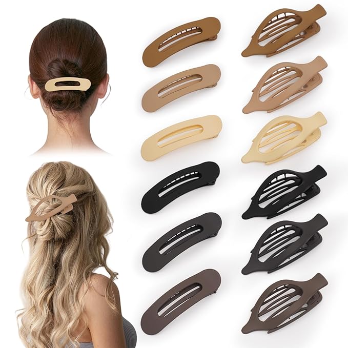 Picoway 12 Pack Flat Hair Clips for Women, 2 Styles Flat Claw Clips, Matte No Crease Strong Hold Non-slip Barrettes for Thick & Thin Hair, Stocking Stuffers for Girls