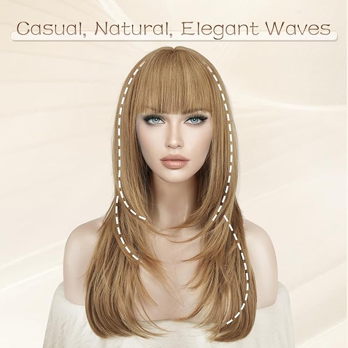 SOFEIYAN Long Straight Layered Wig with Bangs 24 Inch Synthetic Natural Hair Wig Soft Heat Resistant Long Wigs for Women Daily Party Use